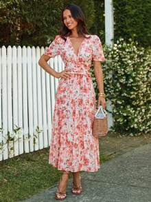 KARISMINA Women's Elegant V-Neck Floral Print Orange And White Maxi Dress,Summer Boho Garden Party Holiday Outfits,Cottagecore Wedding Guest Dress - Orange - View 13