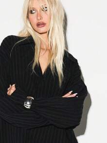 KIZN Ribbed Knit Long Sleeve V Neck Collared Button Up Blouse With Textured Stripe Detail Fall Winter Casual - Black - View 4