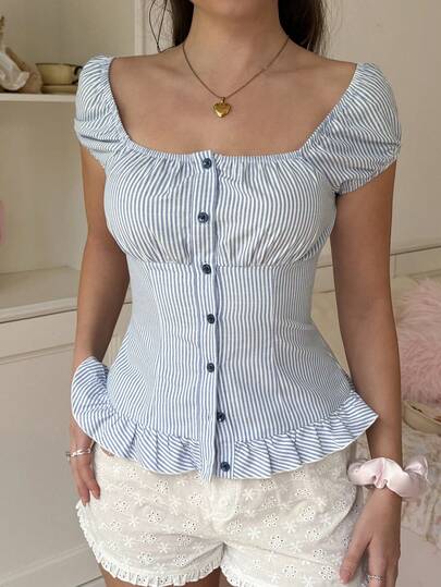 CovetEZ 2026 Original Retro Design Blue Striped Blouse, Ruffled Hem Slim Fit Summer Top For Women