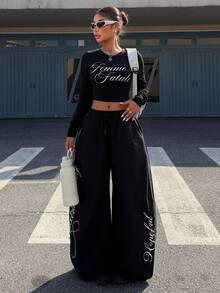 Muchica Women's Black Casual Fashion Street Daily Commute Letter Print Contrast Piping Drawstring Waist Loose Wide Leg Pants - Black - View 7