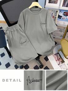 SHEIN 2pcs/Set Teen Boys Casual Versatile Comfortable High Value Letter Print Knit Short Sleeve T-Shirt And Shorts, Urban Casual Style,Kids - Grey - View 4