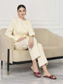 Sleekvia 女士夏季新款褶皱方头平底拖鞋，休闲舒适，百搭外穿 - 酒紅色 - 查看 6