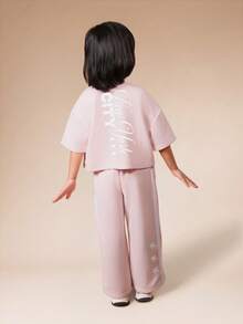 SUMWON Girls Two Piece Co-Ord Set Short Sleeve T-Shirt With High Rise Wide Leg Pants Casual Comfortable Spring Summer Outfit Set Vacation - Pink - View 1