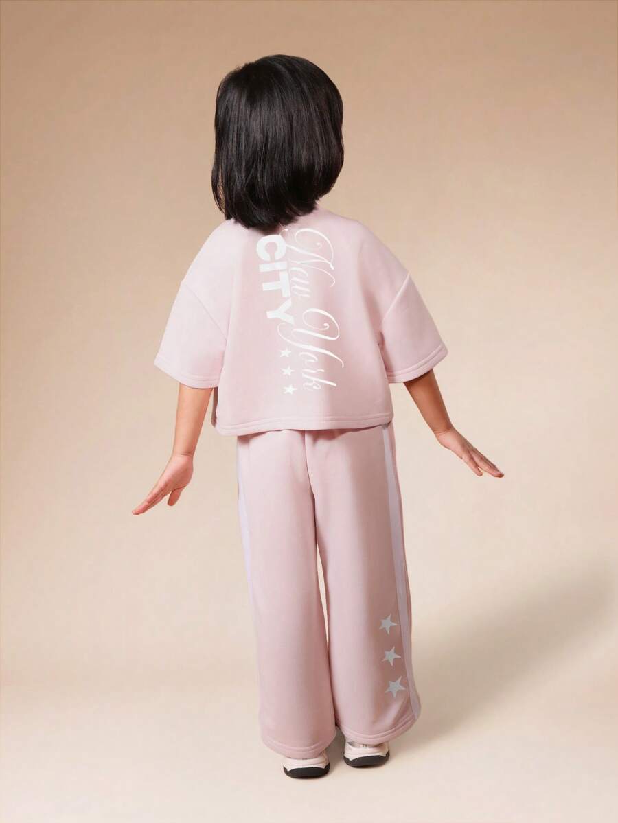 SUMWON Girls Two Piece Co-Ord Set Short Sleeve T-Shirt With High Rise Wide Leg Pants Casual Comfortable Spring Summer Outfit Set Vacation - Pink - View 1