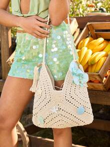 1 Starfish Shell Handmade Crochet Openwork Beach Vacation Style Straw Woven Shoulder Bag/Tote Bag With Drawstring Inner Pocket. - Multicolor - View 9