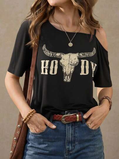 Wildy BOHO Summer Music Festival Vintage Printed T-Shirt For Women Easter Women Cottagecore Graphic Tee Asymmetrical Neck Top Easter Boho Country Concert Easter Graphic Tees Western Wear Women Goth Graphic Teecasual Outfit For Women