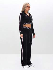 BABYPHAT Plus Size Black Velour Full Zip Sweatshirt With Pink Trim Contrast Detailing And Cursive Script Print Long Sleeve Track Jacket - Black - View 4