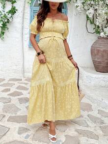 SHEIN Maternity Printed Off-Shoulder Top And Skirt 2 Pieces Set - Yellow - View 8