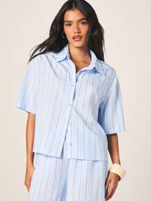 MISSGUIDED Women's Striped Diamante Short Sleeve Button Down Shirt With Collared Neckline And Vertical Blue Stripes Casual Summer Blouse - Blue and White - View 1