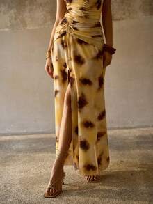 MOTF PREMIUM ELEGANT ROMANTIC COLORFUL TIE DYE WATERCOLOR PRINT RUCHED HIGH SLIT SKIRT FOR VACATION - Multicolor - View 4