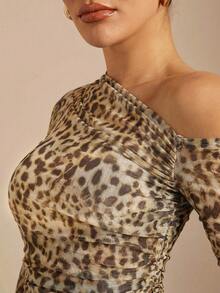 SHEIN BAE 女士豹纹褶皱休闲百搭日常长袖T恤 - 棕色 - 查看 7