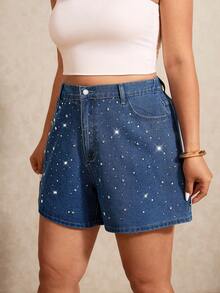 Elaquor Quần short denim dáng rộng, cạp chun, túi xéo, đính đá lấp lánh, kiểu dáng thường ngày. - Màu xanh lam - Xem 5