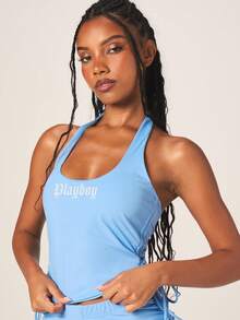 Missguided x Playboy 夏季休闲装，露背吊带抽绳背心，饰有兔子图案。 - 藍色 - 查看 3