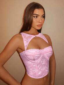 SHEIN BAE Top negru detașabil pentru festivaluri de muzică, sărbători, ținute de concert - Roz Coral - Vizualizare 3
