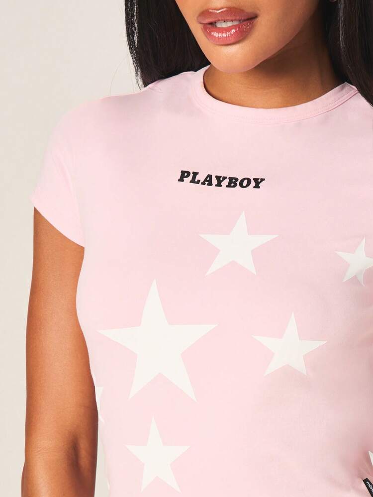 Missguided x Playboy Star Print Fitted Short Sleeve Crew Neck T-Shirt With Black Text Logo Cotton Blend Top