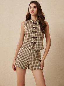 Poéselle Women's Plaid Buttoned Vest And Shorts 2 Pieces Set - Brown - View 5