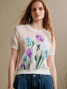 Revavyn 早春度假法式镂空复古刺绣针织上衣 - 白色 - 查看 7