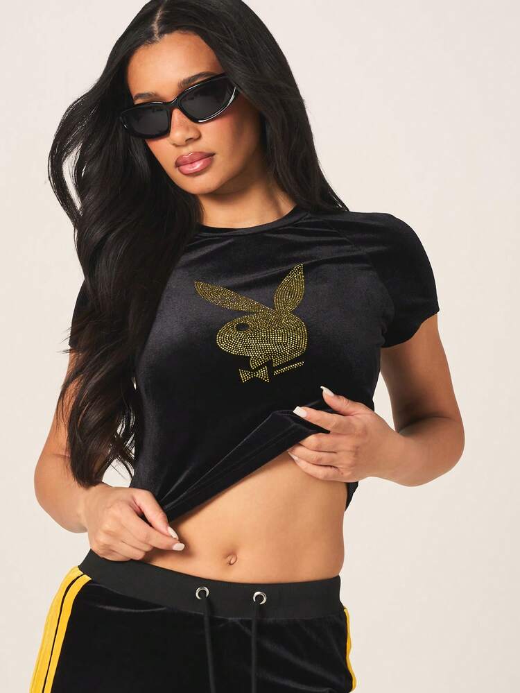 Missguided x Playboy Women's Gold Rhinestone Bunny Logo Black Velour Baby Tee Short Sleeve Crop Top With Soft Luxurious Texture