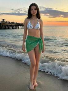 SHEIN Tween Girls' Minimalist Printed Swimwear Set - Green - View 7