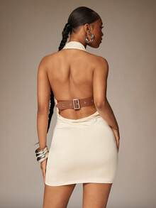 Denimoi 露背V领吊带迷你连衣裙 性感连衣裙 度假装 夜店装 演唱会装 - 杏色 - 查看 2