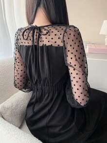 FRIFUL 女士圆领雪纺网纱拼接喇叭袖撞色甜美休闲派对连衣裙 - 黑與白 - 查看 8