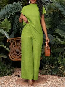 SHEIN Lady Thời trang cỡ lớn mùa xuân, hè, thu đông, áo sơ mi dệt màu xanh lá cây cổ đứng tay raglan bất đối xứng tay dài tay ngắn, bộ đồ cỡ lớn, trang phục đi nghỉ hè, bộ đồ mùa xuân cho nữ, bộ đồ thường ngày cho nữ, trang phục đi nghỉ mát, đi chơi, bộ sưu tập quần áo thời trang. - Màu xanh Ô liu - Xem 8