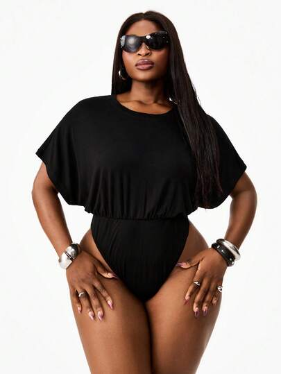 Coolane Women's Plus Size Summer Outfits For Women Flattering Curvy Fit , Sexy And Casual Batwing Sleeve Bodysuit With A Cinched Waist, Flattering And Slimming.