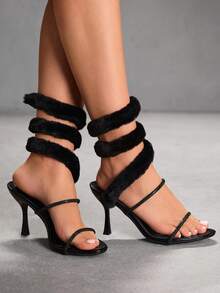 CUCCOO SZL 女士新款性感蛇纹扭结毛绒带黑色水钻高跟鞋，晚宴约会礼服细高跟凉鞋 - 黑色2 - 查看 10