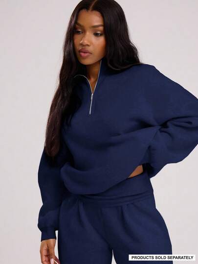 MUSERA 四分之一拉链宽松卫衣，宽松版型，返校季冬季舒适可爱休闲日常胶囊衣橱，Y2K街头风，海军蓝，夏季春季度假风