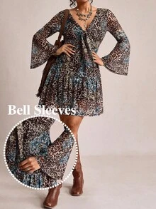 SHEIN LUNE 大码女式休闲佩斯利花纹拼接喇叭袖连衣裙，适合度假、沙滩、休闲穿着，波西米亚风，西式女装 - 彩色 - 查看 2