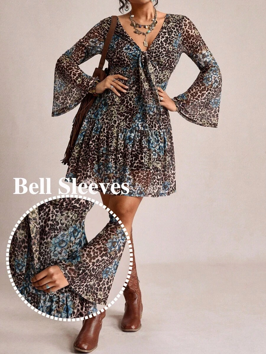 SHEIN LUNE 大码女式休闲佩斯利花纹拼接喇叭袖连衣裙，适合度假、沙滩、休闲穿着，波西米亚风，西式女装