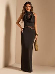 SHEIN BAE Women's Spring/Summer Semi-Turtleneck Lace Patchwork Sheer Sexy Elegant Knit Dress, Elegant Dress, Black Dress, Lace Dress - Black - View 3