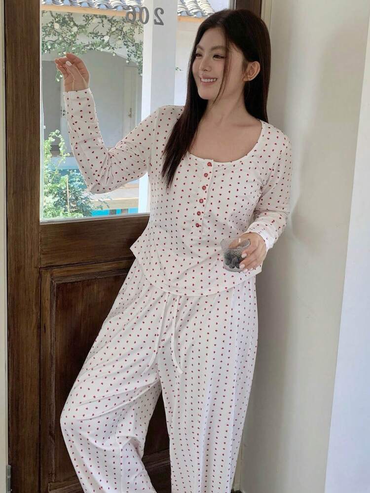 Dazy Plus 2pcs/Set Heart & Floral Print Fitted Sleepwear, Long Sleeve Top And Straight Leg Pants, Plus Size Women Spring/Summer Pajama Set, Suitable For Valentine's Day