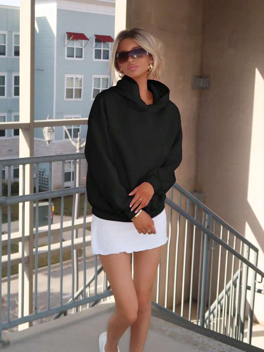 Sydney Algeri 女式休闲简约印花连帽长袖宽松厚款运动衫，春秋季 - 黑色 - 查看 1