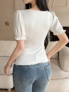 Feyla 女士蕾丝边领蝴蝶结装饰荷叶袖性感可爱百搭T恤 - 白色 - 查看 5
