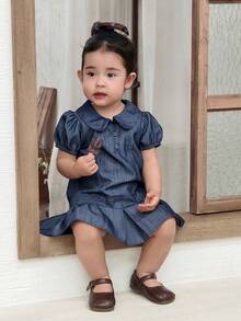 Dazy Kids Áo không tay cổ bẻ bằng vải denim mài cho bé gái kiểu Hàn Quốc - Màu xanh lam - Xem 8