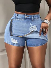 BamGleam Cowgirl, Blue Elastic Ripped Sexy Denim Skort, Springs For Women - Light Wash - View 6