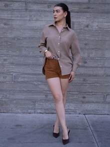 Andrea Bello 女式新款纯色前扣休闲灯芯绒短裤 - 摩卡棕 - 查看 5