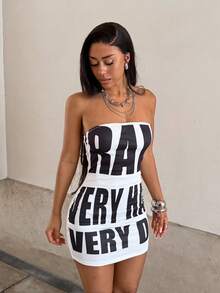 StreetHx Women's Black Letter Print Bandeau Dress - White - View 5