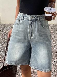 Livesso 女士休闲日常口袋纽扣牛仔短裤 - 藍色 - 查看 7