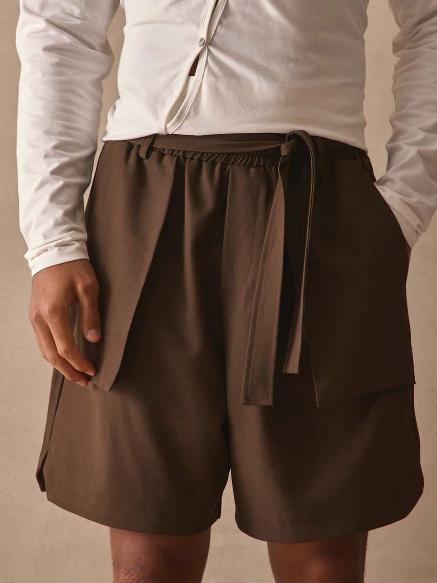 Musero Overlayed Pocket Detail Fabric Belt Shorts Elasticated Waistband Spring Summer Essentials - Brown - View 1