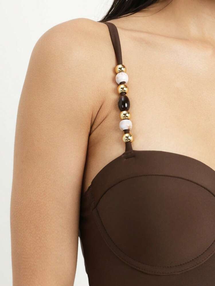 KSTM Draped Beaded Strap Plunge Neckline One Piece Swimsuit With Underwire Support And Cut Out Back Detail