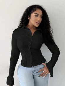 Alexandranx White Striped Open Front Button Down Collar Long Sleeve Ruffle Cuff Fitted Shirt, Fashion Minimalist Commuter Casual Elegant Versatile Spring/Summer Fall Cloth For Women - Black - View 3