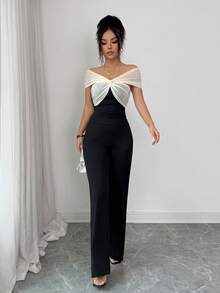 Elenzga Conjunto de 2 piezas con top de hombros descubiertos con parches de malla y pantalones rectos para mujer - Negro - Ver 4