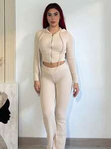 Bearsaez Women's Apricot Zip-Up Cardigan And Knit Pants Casual 2 Pieces Sweater Set In Fall/Winter - Apricot - View 4