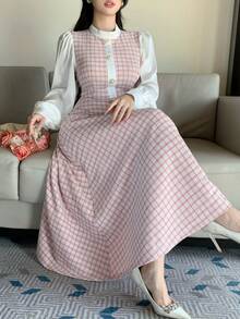 DAZY 春夏粉色格子两件套衬衫裙，优雅百搭，适合情人节、婚礼、派对、时尚活动等场合，修身剪裁，中长款 - 粉色 - 查看 4