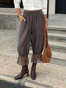 Livesso Lace Patchwork Women's Casual Pants - Coffee Brown - View 1