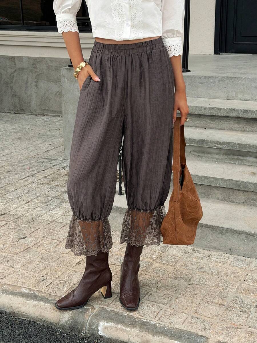 Livesso Lace Patchwork Women's Casual Pants - Coffee Brown - View 1
