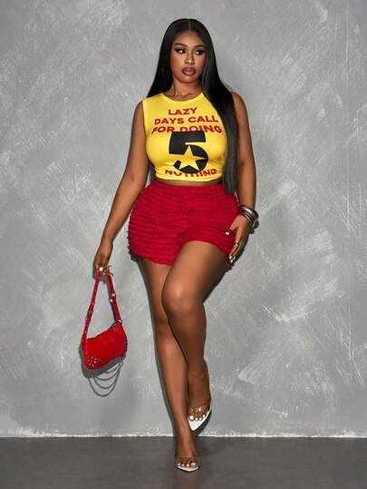 Slaydiva 2026 Spring/Summer New Casual Sexy Fitted Letter Print Tank Top + Red Textured Mini Shorts Women's Plus Two Pieces Set. Suitable For Dates, Valentine's Day, Everyday Outings, Parties, Hot Girls, Sexy Clubs, Casual Street Style, Brunch Outfits, Airport Outfits, Back-To-School, Vacations, Holidays, Wedding Season, Music Festivals-A