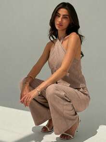 Aloruh 女士优雅休闲纯色杏色阔腿裤套装，露背吊带背心和裤子两件套 - 卡其色 - 查看 6